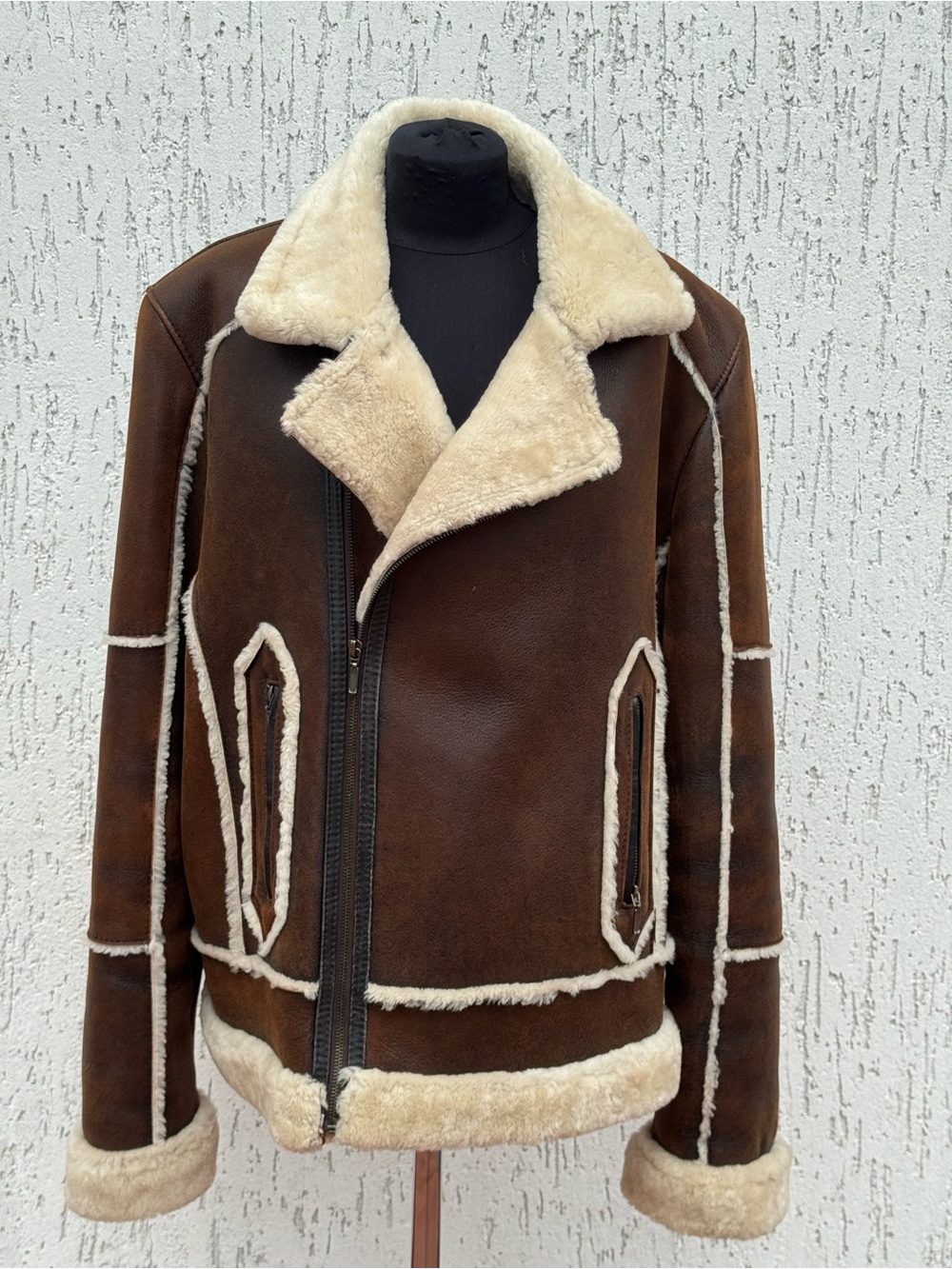 Men's Brown Shearling Bomber Jacket with Cream Trim